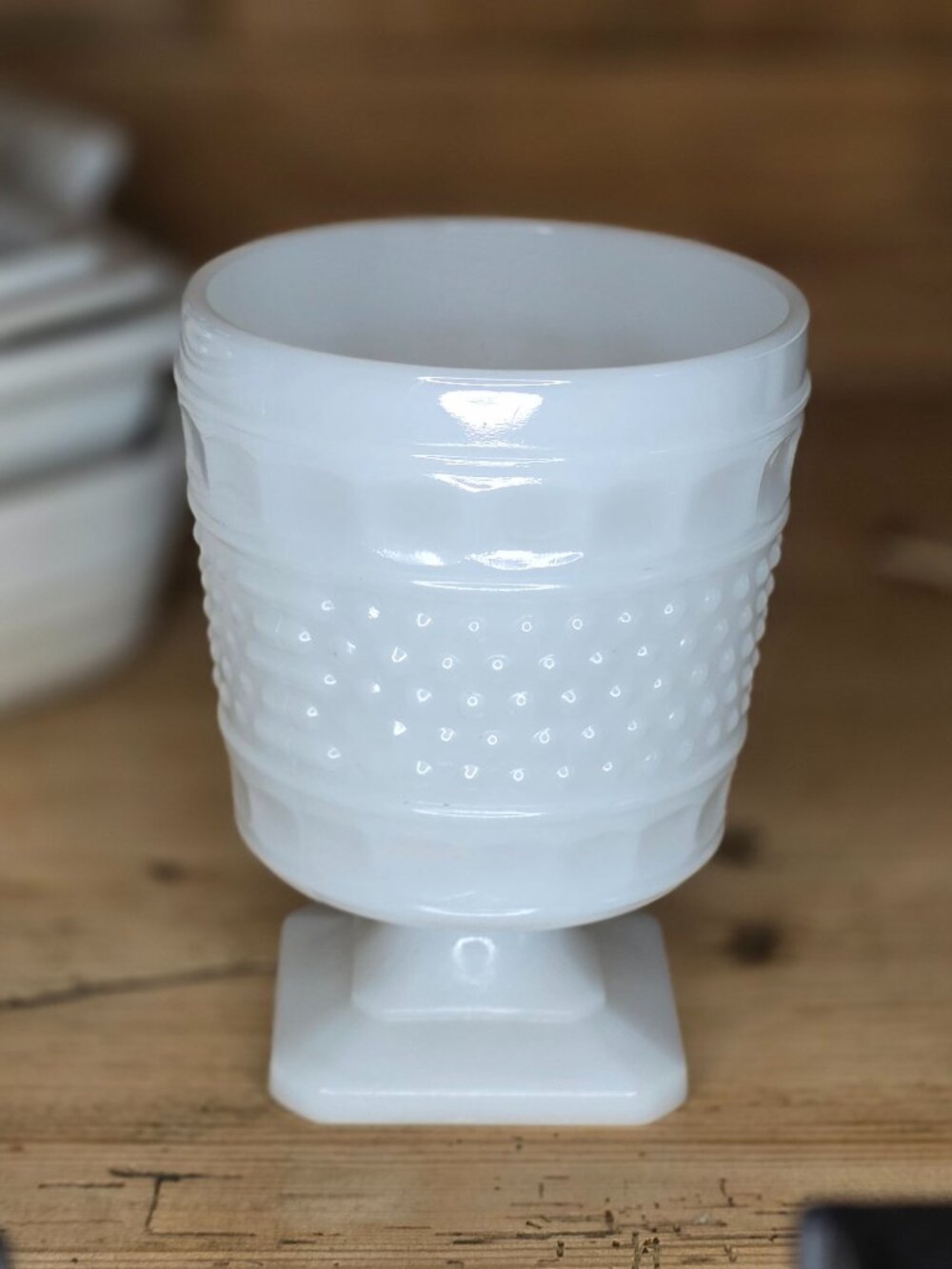 Vintage Napco White Milk Glass Hobnail Pedestal Vase /Planter Cleveland USA